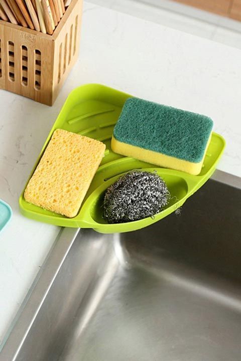 Triangle Sink Shelf Organizer – Corner Drain Basket for Kitchen Sink | Space-Saving Sponge, Soap & Scrubber Storage Rack