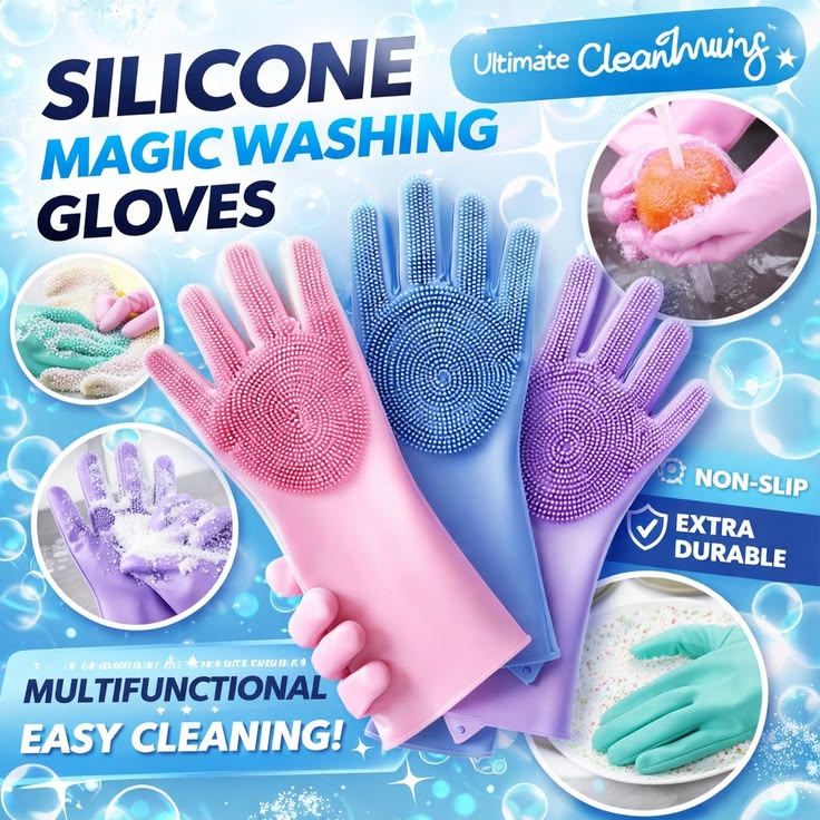 Silicone Washing Gloves – 2-in-1 Cleaning & Scrubbing Gloves | Heat Resistant & Waterproof Kitchen Cleaning Gloves