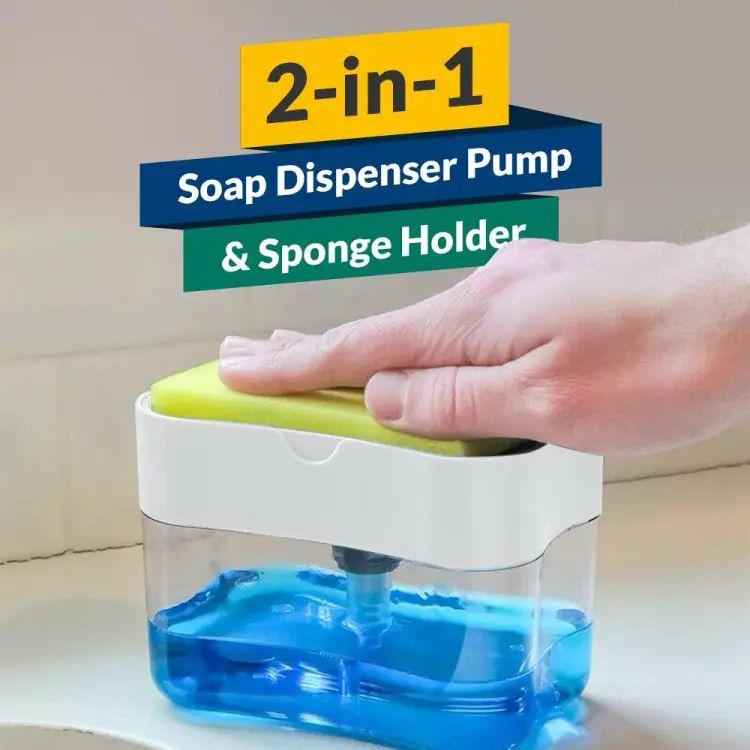 2-in-1 Soap Dispenser Pump & Sponge Holder – Kitchen Dishwashing Organizer with Built-In Soap Pump