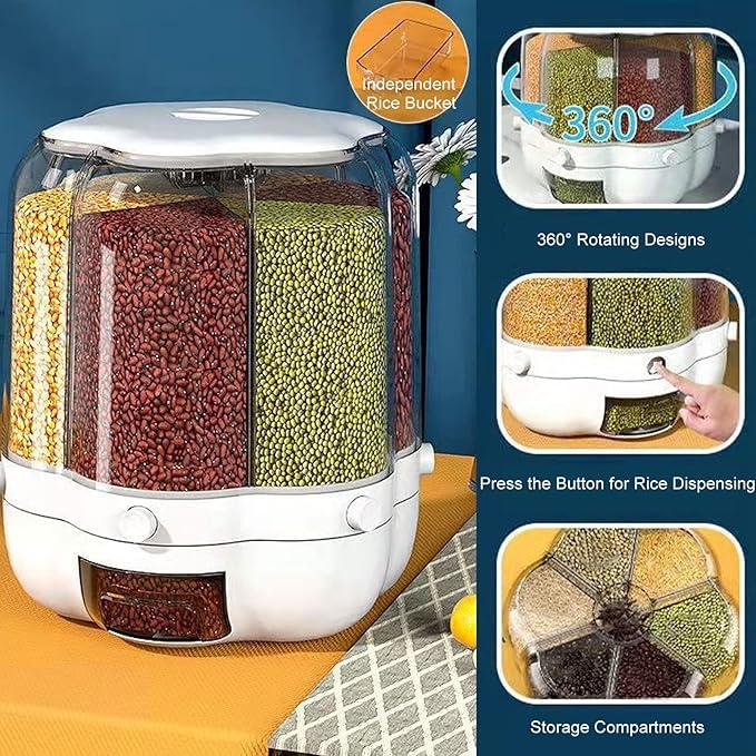 Rotating Rice Storage Barrel – 360° Grain Dispenser Container | Airtight Multi-Grid Rice Organizer for Kitchen Storage & Food Preservation